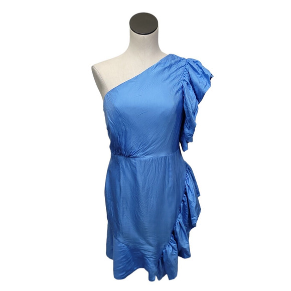 Bardot Women's Lucia Frill Dress Satin Blue Ruffle One Shoulder‎ Size US 10/L - Picture 1 of 11